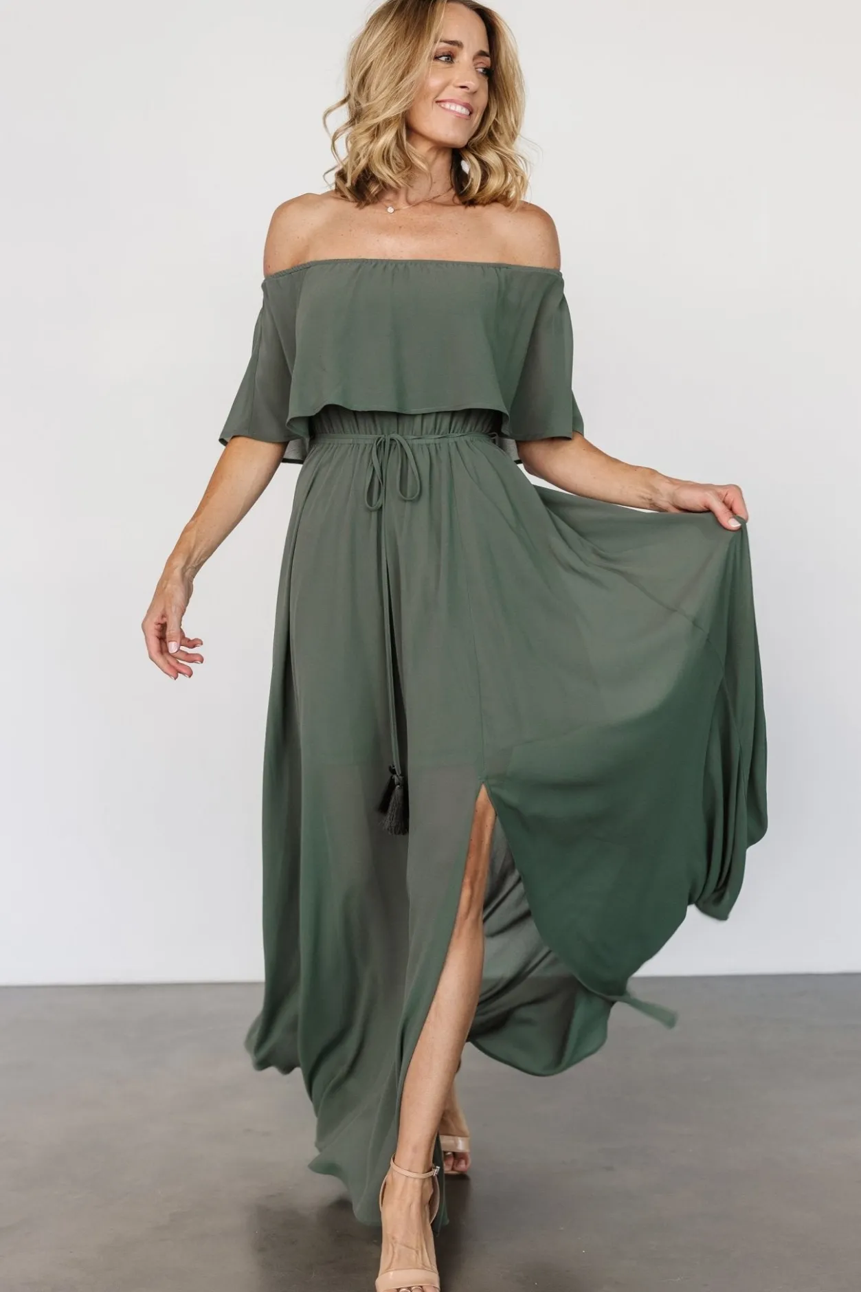 Outlet Baltic Born Victoria Off Shoulder Maxi Dress | Dark Sage DarkSage
