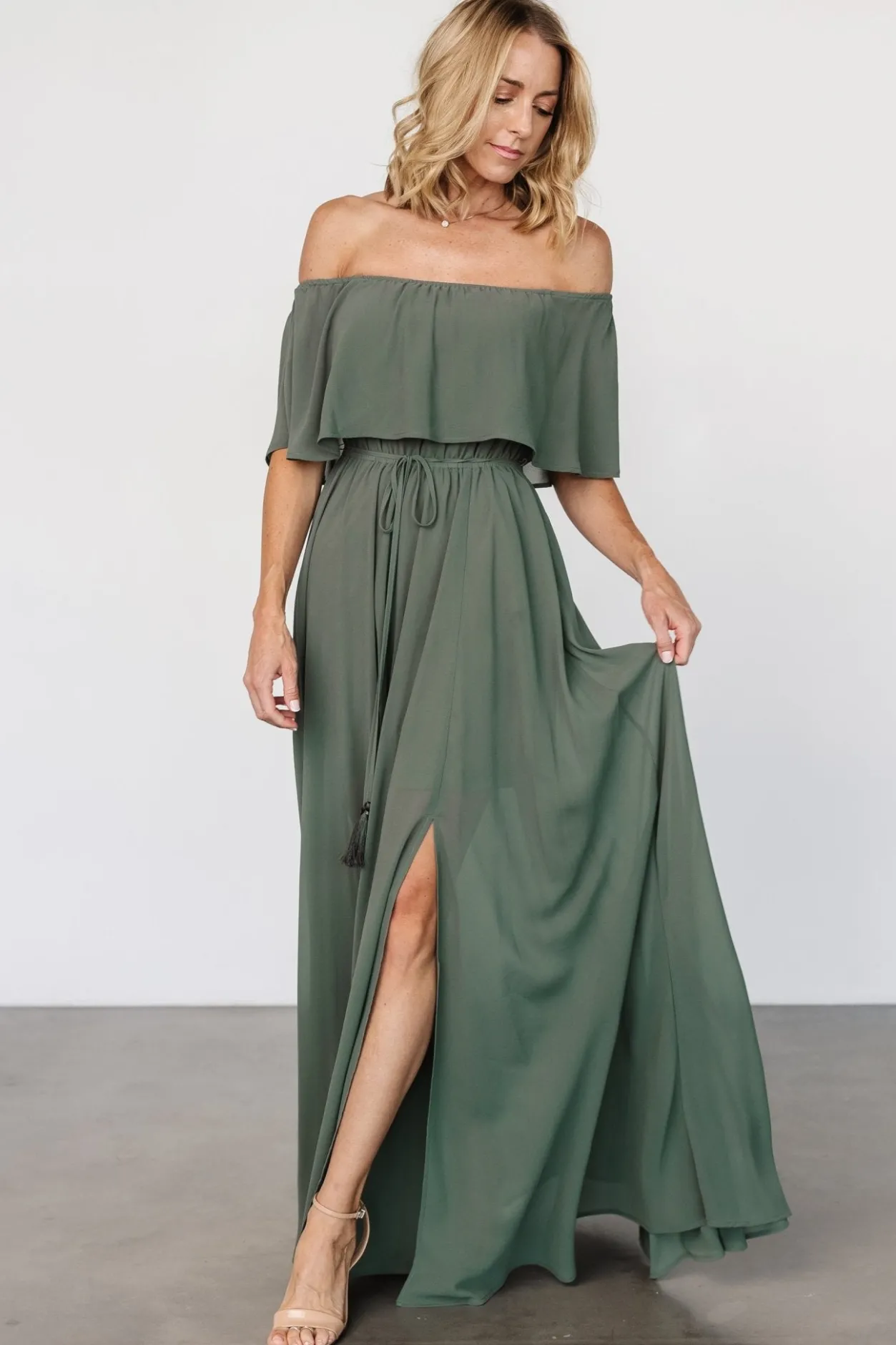 Outlet Baltic Born Victoria Off Shoulder Maxi Dress | Dark Sage DarkSage